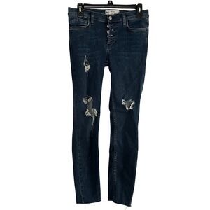 Free People High Rise Button Fly Distressed Skinny Jeans Dark Wash Womens Size 6